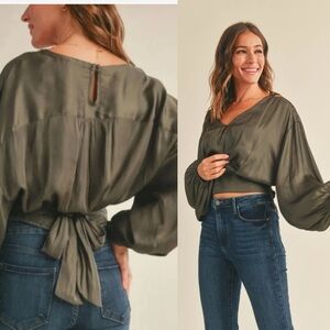 Anthropologie balloon sleeve tie back silky Olive Green Women's Top